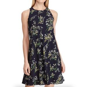 LRL Ralph Lauren Sleeveless Shift Dress 12 Navy Blue Floral Classy Party Event